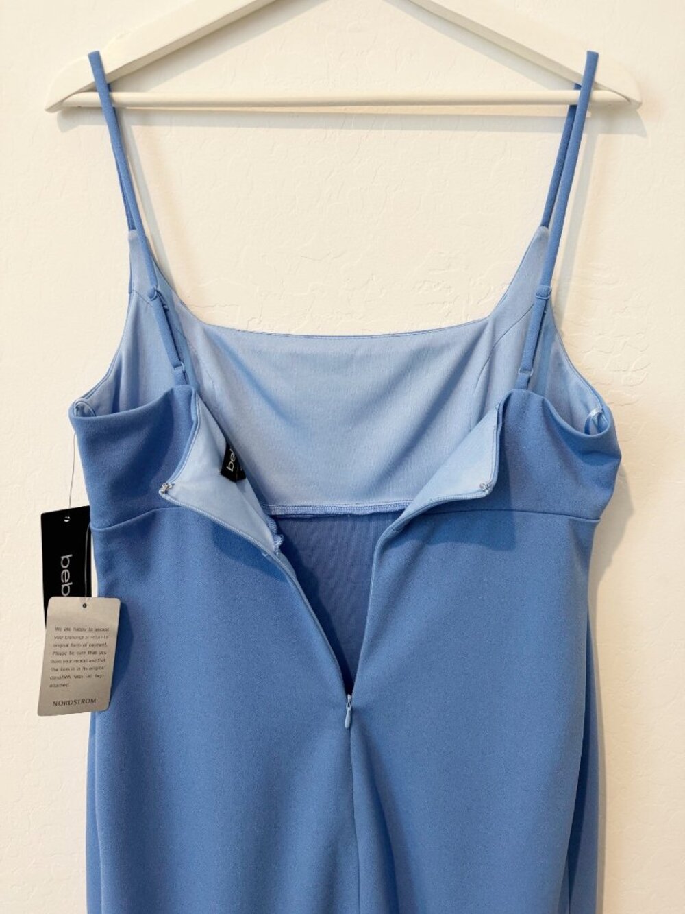 Bebe Ruffle Hem Dress Size Large Wedgewood Blue Square Neck Pastel Cocktail Glam - Picture 10 of 12